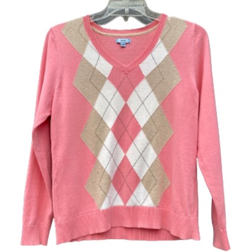IZOD V-neck Salmon, White and Tan argyle Sweater